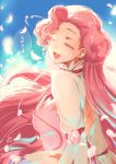  1girl :d blush closed_eyes code_geass creayus dress earrings euphemia_li_britannia facing_back floating_hair from_behind jewelry long_hair long_sleeves m open_mouth pink_dress pink_hair smile solo translated 