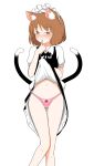  1girl animal_ears black_bow blush bow bow_panties brown_eyes brown_hair cat_ears cat_tail chen commentary dress dress_lift embarrassed eyebrows_visible_through_hair finger_to_mouth frills full-face_blush highleg highleg_panties highres knees_together_feet_apart legs_together lifted_by_self long_legs looking_to_the_side maid_headdress multiple_tails navel panties pink_panties shiisuu_rattamu short_hair solo tail touhou two_tails underwear 