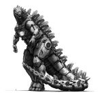  1boy claws commentary cyberpunk cyborg eatalllot english_commentary full_body giant glowing glowing_eyes godzilla_(series) greyscale highres machine machinery mecha mechagodzilla mechanical mechanical_arm mechanization monochrome realistic robot science_fiction silhouette size_comparison size_difference solo_focus super_robot tail tokusatsu weapon 