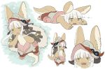  1other :3 animal_ears character_sheet commentary crawling fang fanny_pack furry helmet horizontal_pupils horns kawasemi27 legs_apart long_hair lying made_in_abyss nanachi_(made_in_abyss) on_stomach open_clothes open_mouth pants paws pocket poses pout standing submerged sweat tail topless translated whiskers white_hair yellow_eyes 