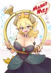  1girl blonde_hair blue_eyes blush bowsette bracelet breasts cappy_(mario) collar crown dress earrings english_text fangs horns jewelry large_breasts lizard_tail super_mario_bros. new_super_mario_bros._u_deluxe pointy_ears ponytail proposal ring sharp_teeth shell silversirius spiked_armlet spiked_bracelet spiked_collar spiked_shell spiked_tail spikes super_crown super_mario_odyssey tail teeth tiara_(mario) wedding_ring 