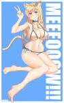 1girl absurdres animal_ears barefoot bikini blonde_hair blue_eyes breasts choker danfer3 fang feet highres large_breasts legs looking_at_viewer original soles solo stomach swimsuit thighs toes v 