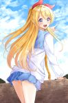  1girl :d absurdres ass bangs blonde_hair blue_eyes blue_sailor_collar blue_skirt blue_sky blush clouds cloudy_sky commentary_request day eyebrows_visible_through_hair fingernails hair_between_eyes hair_ribbon hand_up high_ponytail highres kirisaki_chitoge leaning_forward long_hair long_sleeves looking_at_viewer looking_back miniskirt nisekoi open_mouth orange_neckwear outdoors pleated_skirt pointing ponytail red_ribbon ribbon round_teeth sailor_collar shirt sin_(sin52y) skirt sky smile solo standing teeth upper_teeth very_long_hair white_shirt 
