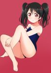  1girl :o absurdres ass bangs barefoot black_hair blue_swimsuit blush collarbone commentary_request competition_school_swimsuit crossed_ankles eyebrows_visible_through_hair hair_between_eyes hair_ornament hair_ribbon highres looking_at_viewer love_live! love_live!_school_idol_project medium_hair one-piece_swimsuit open_mouth red_background red_eyes ribbon school_swimsuit simple_background sitting solo swimsuit twintails wewe yazawa_nico 
