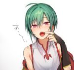  1other ahoge androgynous bad_id bad_twitter_id bare_shoulders chinese_clothes earrings green_hair jewelry konbu_wakame mouth_pull nijisanji off_shoulder open_mouth ryuushen short_hair solo teeth throat violet_eyes virtual_youtuber 