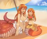  2girls beach beach_umbrella breasts closed_eyes commission day food fruit full_body hair_between_eyes hair_ornament hairclip happy highres holding holding_food horizon lamia long_hair midriff miia_(monster_musume) monster_girl monster_musume_no_iru_nichijou mother_and_daughter multiple_girls navel ocean open_mouth original pointy_ears redhead ribbon sand scales sky sookmo tail tank_top umbrella watermelon 