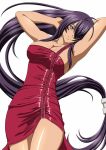  1girl absurdly_long_hair antenna_hair armpits arms_behind_head breasts dress floating_hair from_above grey_eyes hair_over_one_eye highres ikkitousen kan&#039;u_unchou long_hair looking_at_viewer lying on_back purple_hair red_dress shiny shiny_clothes shiny_hair shiny_skin short_dress sideboob simple_background sleeveless sleeveless_dress smile solo strapless strapless_dress thigh_gap tube_dress very_long_hair white_background 