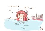  1girl :3 artist_logo blush_stickers bob_cut braid character_name chibi etorofu_(kantai_collection) fish hanomido hat innertube kantai_collection lifebuoy ocean redhead sailor_hat ship side_braid simple_background smile solo swimsuit twin_braids water watercraft white_background white_headwear |_| 