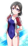  1girl bangs bare_legs black_hair blush breasts collarbone jacket large_breasts looking_at_viewer love_live! love_live!_sunshine!! love_live!_sunshine!!_the_school_idol_movie_over_the_rainbow one-piece_swimsuit pool short_hair smile solo swimsuit tiles track_jacket violet_eyes watanabe_tsuki water white_background yopparai_oni 