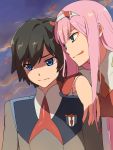  +++ 1boy 1girl arm_over_shoulder bangs black_hair blue_eyes chiharu_(9654784) clouds cloudy_sky commentary_request couple darling_in_the_franxx evening green_eyes hair_ornament hairband hetero highres hiro_(darling_in_the_franxx) horns lipstick long_hair long_sleeves looking_at_another makeup military military_uniform necktie oni_horns orange_neckwear pink_hair red_horns red_neckwear sky sweatdrop tongue tongue_out uniform white_hairband zero_two_(darling_in_the_franxx) 