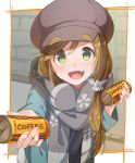  1girl bangs blush brown_hair can canned_coffee coffee commentary drink eyebrows_visible_through_hat fang green_eyes hair_ornament hair_scrunchie hat holding inuyama_aoi jacket jpeg_artifacts konnyaku_(kk-monmon) long_hair long_sleeves looking_at_viewer open_mouth ponytail scarf scrunchie skin_fang solo swept_bangs thick_eyebrows yurucamp 