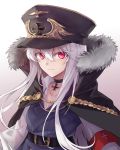  1girl absurdres armband cape choker commentary emblem girls_frontline hat highres iron_cross kar98k_(girls_frontline) military military_hat military_uniform peaked_cap red_eyes solo suprii uniform white_hair 