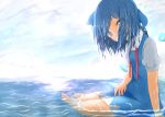  1girl arm_support barefoot blue_dress blue_eyes blue_hair bow breasts cirno clouds cloudy_sky commentary day dress eyes_visible_through_hair hair_bow hair_over_mouth hair_over_one_eye hand_on_lap head_tilt highres horizon in_water looking_at_viewer mizune_(winter) neck_ribbon ocean outdoors pinafore_dress puffy_short_sleeves puffy_sleeves red_neckwear ribbon shirt short_hair short_sleeves sitting sky small_breasts solo thick_eyebrows touhou untied water_drop wet wet_clothes wet_hair white_shirt wings yokozuwari 