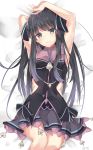  1girl absurdres arcaea armpits arms_up bare_arms bare_shoulders bed_sheet black_bow black_hair black_shirt blue_eyes bow bowtie dakimakura grey_skirt hair_ribbon highres k-doku long_hair looking_at_viewer lying miniskirt on_back ribbon shirt side_cutout signature skirt sleeveless sleeveless_shirt smile solo tairitsu_(arcaea) thighs 