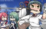  3girls ahoge angry aqua_eyes aqua_hair bare_shoulders black_ribbon blouse blue_neckwear blue_skirt blush breasts brown_neckwear cellphone chibi clenched_hand closed_eyes commentary_request day detached_sleeves green_hair hair_between_eyes hair_ribbon hamu_koutarou highres i-168_(kantai_collection) irako_(kantai_collection) kantai_collection kappougi long_hair medium_breasts multiple_girls necktie open_mouth outdoors phone pink_blouse pink_hair pleated_skirt ponytail ribbon rug_beater school_uniform serafuku skirt sky smartphone sweatdrop swimsuit swimsuit_under_clothes translated very_long_hair yamakaze_(kantai_collection) yellow_eyes 