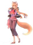  1girl animal_ear_fluff animal_ears apple brown_hair food fruit full_body fur_trim highres holding holding_food holding_fruit holo long_hair long_sleeves looking_at_viewer nibochi1122 pants purple_shirt red_eyes shirt shoes simple_background smile solo spice_and_wolf standing tail white_background wolf_ears wolf_tail wristband 