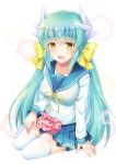  1girl alternate_costume alternate_hairstyle aqua_hair blue_sailor_collar blue_skirt bow breasts dragon_girl dragon_horns eyebrows_visible_through_hair fate/grand_order fate_(series) hair_bow highres horns kiyohime_(fate/grand_order) large_breasts long_hair long_sleeves neck_ribbon pleated_skirt ribbon sailor_collar school_uniform serafuku shirt skirt solo suzumia_(daydream) thigh-highs twintails white_legwear white_shirt yellow_bow yellow_eyes yellow_ribbon 