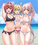  3girls abukuma_(kantai_collection) beach bikini black_bikini blonde_hair blue_eyes blue_sky blush breasts brown_eyes clouds double_bun eyebrows_visible_through_hair hair_between_eyes hair_flaps hair_ribbon hair_rings highres kantai_collection kinu_(kantai_collection) long_hair medium_breasts miniskirt multiple_girls navel ocean open_mouth pink_hair ponytail redhead ribbon short_hair side_ponytail skirt sky small_breasts swimsuit t2r very_long_hair white_bikini yura_(kantai_collection) 