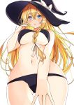  1girl :o absurdres ass_visible_through_thighs bangs bare_arms bare_shoulders bikini black_bikini black_headwear blonde_hair blue_eyes blush bow braid breasts commentary_request eyebrows_visible_through_hair hair_between_eyes hair_ribbon hand_up hat hat_bow heart highres kirisame_marisa large_breasts long_hair looking_at_viewer navel nenobi_(nenorium) open_mouth ribbon simple_background single_braid solo stomach swimsuit thighs touhou very_long_hair white_background white_bow white_ribbon 