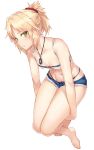  1girl absurdres barefoot blonde_hair bra braid breasts commentary_request cutoffs denim denim_shorts fate/apocrypha fate/grand_order fate_(series) french_braid full_body green_eyes hair_ornament hair_scrunchie highleg highleg_panties highres jewelry mordred_(fate) mordred_(fate)_(all) navel panties parted_lips pendant ponytail scrunchie short_shorts shorts small_breasts solo suigetsu_(hjs1106) underwear white_background 