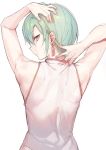  1other androgynous back earrings from_behind green_hair hand_on_own_head hand_on_own_neck highres jewelry konbu_wakame looking_back nape nijisanji red_nails ryuushen short_hair shoulder_blades solo source_request violet_eyes virtual_youtuber 