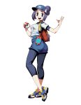  1girl bag blue_eyes blue_hair breasts commentary_request female_trainer_(pokemon_masters) flat_cap full_body genzoman hat leggings looking_at_viewer open_mouth poke_ball pokemon pokemon_masters porygon shoes short_sleeves shorts simple_background smile sneakers tied_hair white_background 