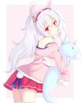  1girl animal_ears azur_lane blush bunny_tail commentary_request cowboy_shot expressionless eyebrows_visible_through_hair from_side hair_between_eyes hair_bobbles hair_ornament hairband head_tilt holding holding_stuffed_animal jacket laffey_(azur_lane) leaning_forward long_hair looking_at_viewer looking_back miniskirt nibosisuzu pink_background pink_jacket pleated_skirt rabbit_ears red_hairband red_skirt ribbon seahorse silver_hair simple_background skirt sleeves_past_fingers sleeves_past_wrists solo sparkle_background strap_slip stuffed_animal stuffed_toy tail tail_ribbon thigh-highs twintails white_legwear 