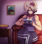  1girl animal_ears bowl breasts cathyl couch cow_ears cow_girl cow_horns crossed_legs dark_skin eyes_visible_through_hair ezzyecchi hair_between_eyes highres horns huge_breasts monster_girl monster_musume_no_iru_nichijou multicolored_hair muscle muscular_female nintendo_switch painting_(object) parted_lips playing_games short_hair sitting solo sportswear tall_female tank_top thick_eyebrows thick_thighs thighs two-tone_hair violet_eyes 