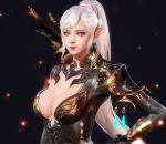  1girl 3d aion armor breasts cleavage_cutout medium_breasts pointy_ears solo upper_body white_hair 