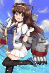  1girl azur_lane beagle_(azur_lane) black_hair black_legwear blue_eyes blush breasts cannon clouds commentary_request fang furam gloves headband highres leg_up long_hair looking_at_viewer ocean shoes sky small_breasts thigh-highs torpedo torpedo_tubes water white_gloves 