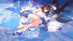  1girl animal artist_name atdan azur_lane bald_eagle bare_arms bare_legs bare_shoulders bird blue_flower blue_ribbon blue_sky breasts brown_hair building commentary day dress eagle feet flower hair_ornament hairclip high_heels independence_(azur_lane) large_breasts long_hair looking_at_viewer low_ponytail lying mole on_side outdoors parted_lips petals red_eyes reflection ribbon ripples rose sky sleeveless sleeveless_dress slit_pupils solo sunlight thighs toes very_long_hair water white_dress 
