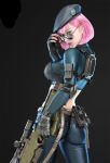 1girl 3d ass black_background breasts cowboy_shot elbow_pads fingerless_gloves gloves gun holding holding_gun holding_weapon hu_zheng medium_breasts nail_polish pink_hair red_nails solo standing sunglasses third-party_edit watch watch weapon 