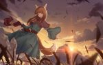  1girl animal_ears blue_dress brown_hair capelet clouds dress fangs from_below highres holo long_hair outdoors pouch red_eyes skirt_hold spice_and_wolf standing sunset tail wheat wolf_ears wolf_tail ziran_majiang 