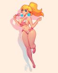  1girl bikini blonde_hair blue_eyes breasts commentary earrings food food_in_mouth front-tie_bikini front-tie_top highres holding holding_food jewelry large_breasts long_hair looking_at_viewer super_mario_bros. midriff pink_bikini ponytail popsicle princess_peach robert_porter solo super_mario_bros. swimsuit thighs 