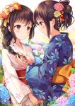  2girls absurdres bangs bell blue_flower blue_kimono blurry blurry_background blush bow braid brown_eyes brown_hair closed_mouth commentary_request depth_of_field eyebrows_visible_through_hair fingernails floral_print flower green_flower hair_between_eyes hair_bow hair_flower hair_ornament hair_ribbon highres holding japanese_clothes jingle_bell kimono long_hair long_sleeves looking_at_another multiple_girls obi original pink_flower print_kimono profile red_bow red_ribbon ribbon sakura_ani sash single_braid smile white_kimono wide_sleeves 