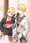  1boy 1girl :d ahoge alternate_costume artoria_pendragon_(all) bandeau bangs belt black_choker black_jacket black_shirt black_skirt blonde_hair breasts casual chain choker cropped_jacket fate/grand_order fate/stay_night fate_(series) gilgamesh grey_pants hair_between_eyes head_tilt jacket jewelry lloule lock long_sleeves looking_at_viewer midriff navel necklace open_clothes open_jacket open_mouth padlock pants pencil_skirt red_eyes saber shirt short_hair skirt small_breasts smile standing v-shaped_eyebrows violet_eyes white_jacket wing_collar 
