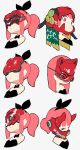  :o absurdres bow bowtie closed_mouth commentary eiken3kyuboy fox_mask hidden_eyes highres looking_to_the_side mask mechanical multiple_girls original pink_eyes pink_hair ponytail simple_background sketch straight_hair white_background 