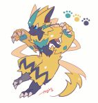  :3 artist_name auko blue_eyes claw_pose claws from_side full_body furry hands_up no_humans paw_print poke_ball_symbol pokemon signature simple_background smile solo standing white_background zeraora 