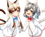  2girls :3 :d animal_ear_fluff animal_ears bangs blue_bow blue_eyes blue_sailor_collar blush bow bowtie brown_eyes brown_hair cat_ears cat_girl cat_tail closed_mouth collared_shirt commentary_request cowboy_shot dress_shirt eyebrows_visible_through_hair grey_hair hair_between_eyes highres jacket leaning_forward light_brown_hair long_hair long_sleeves looking_at_viewer multicolored_hair multiple_girls open_mouth original pink_sailor_collar puffy_long_sleeves puffy_sleeves red_neckwear round_teeth rukinya_(nyanko_mogumogu) sailor_collar shadow shirt sleeves_past_wrists smile standing tail tail_raised teeth twintails two-tone_hair upper_teeth very_long_hair white_background white_jacket white_shirt 