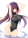  1girl arms_behind_head black_swimsuit breasts commentary_request competition_swimsuit covered_navel cowboy_shot fate/grand_order fate_(series) hair_intakes large_breasts long_hair looking_at_viewer namonashi one-piece_swimsuit parted_lips purple_hair red_eyes scathach_(fate)_(all) scathach_(fate/grand_order) simple_background solo standing swimsuit turtleneck wading water white_background 