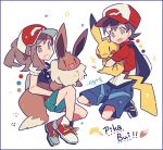  1boy 1girl :3 artist_name auko ayumi_(pokemon) backpack bag baseball_cap black_footwear black_shirt blue_eyes blue_shorts blush_stickers border brown_eyes brown_hair commentary_request eevee full_body gen_1_pokemon green_shorts happy hat holding holding_pokemon kakeru_(pokemon) looking_at_another looking_at_viewer open_mouth paw_print pikachu poke_ball_symbol poke_ball_theme pokemon pokemon_(creature) pokemon_(game) pokemon_lgpe ponytail purple_border red_eyes red_footwear red_headwear red_shirt shirt shoes short_hair short_shorts short_sleeves shorts signature simple_background smile teeth tied_hair white_background 