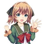  1girl blue_eyes blush brown_hair commentary_request eyebrows_visible_through_hair green_jacket hachijou_(kantai_collection) hair_between_eyes hair_ribbon highres jacket kantai_collection long_sleeves looking_at_viewer open_mouth red_neckwear ribbon short_hair simple_background solo tk8d32 