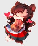  1girl absurdres animal_ears brown_hair chibi closed_eyes dress dungeon_toaster eating fang food full_body heart highres huge_filesize imaizumi_kagerou long_hair long_sleeves meat off_shoulder paws saliva self_upload simple_background solo steak tail touhou wolf_ears wolf_tail 