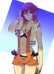  1girl blue_eyes collarbone cowboy_shot hair_between_eyes highres holding holding_towel jewelry kaname_buccaneer looking_at_viewer macross macross_delta medium_hair necklace orange_shorts redhead shimatani_azu short_shorts shorts sketch solo standing striped_bikini_bottom suspender_shorts suspenders towel wet wet_hair white_bikini_top wristband 