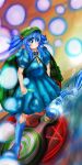  absurdres antinomy_of_common_flowers blue_eyes bullet cattail danmaku engineer highres kappa kawashiro_nitori kawashiro_nitori_(kappa) magical_girl mountain_of_faith non-web_source plant river skateboard subterranean_animism touhou 