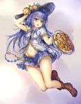  1girl :d arm_up bangs black_headwear blue_hair blue_skirt blush boots breasts brown_footwear center_frills commentary_request eyebrows_visible_through_hair fii_fii_(feefeeowo) food fruit full_body head_tilt hinanawi_tenshi holding holding_food holding_fruit holding_pizza holding_tray leaf long_hair looking_at_viewer miniskirt navel open_mouth peach pizza pleated_skirt red_eyes short_sleeves skirt small_breasts smile solo stomach thighs touhou tray very_long_hair 