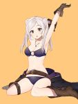  1girl armpits arms_up belt belt_buckle bikini boots breasts brown_eyes brown_footwear brown_gloves buckle cape cape_removed collarbone commentary_request cute female_my_unit_(fire_emblem:_kakusei) fire_emblem fire_emblem:_kakusei fire_emblem_heroes full_body gloves highres holding holding_arm intelligent_systems jewelry long_hair looking_at_viewer medium_breasts my_unit_(fire_emblem:_kakusei) necklace nintendo open_mouth orange_background purple_bikini reflet ryon_(ryonhei) simple_background sitting solo stretch swimsuit thigh_strap twintails wariza white_hair 
