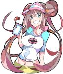  /\/\/\ 1girl blue_eyes brown_hair cellphone cropped_torso double_bun enpe grin long_hair mei_(pokemon) midriff navel phone pokemon pokemon_(game) pokemon_bw2 pokemon_masters raglan_sleeves shorts simple_background smartphone smile twintails very_long_hair visor_cap white_background yellow_shorts 