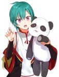  1other ahoge androgynous bad_id bad_twitter_id chinese_clothes earrings green_hair highres jewelry konbu_wakame nijisanji open_mouth ryuushen short_hair solo stuffed_animal stuffed_panda stuffed_toy surprised upper_body violet_eyes virtual_youtuber 