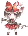  1girl :o bangs black_hair blush boots bow brown_footwear chibi collared_shirt commentary_request cross-laced_footwear explosive frilled_skirt frills full_body girls_frontline grenade gun hair_bow holding holding_gun holding_weapon kotatu_(akaki01aoki00) lace-up_boots looking_at_viewer m99_(girls_frontline) object_namesake parted_lips pleated_skirt print_skirt red_bow red_neckwear red_skirt rifle shirt simple_background skirt sniper_rifle socks solo standing star star_print violet_eyes weapon white_background white_legwear white_shirt zijiang_m99 